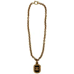Chanel Goldtone Byzantine Link Necklace with Black Glass Pendant  - Circa 96