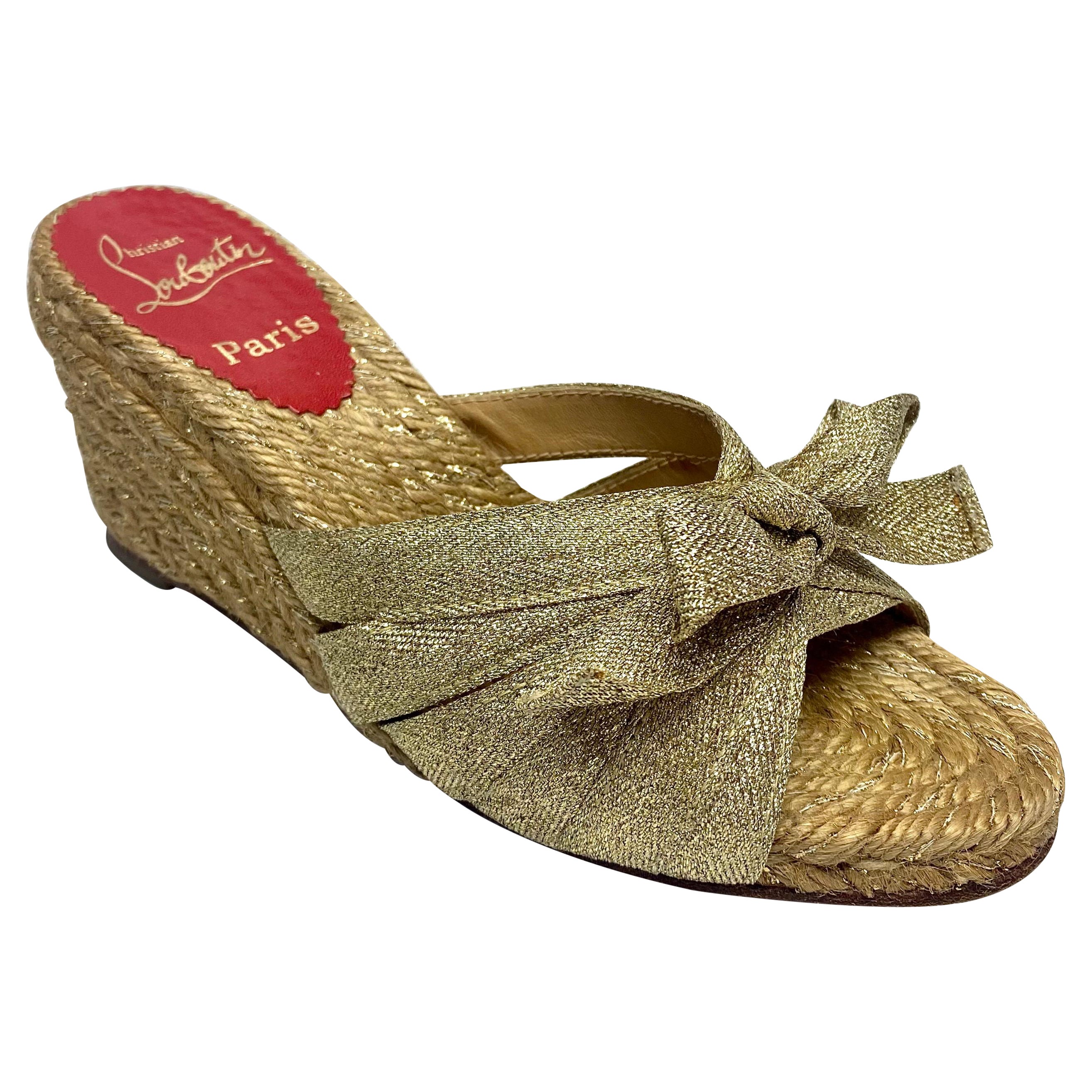 Christian Louboutin Gold Metallic Raffia Wedge - Size 35