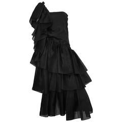 Vintage Mollie Parnis 50s Black Satin Layered One Shoulder Gown Size 8.