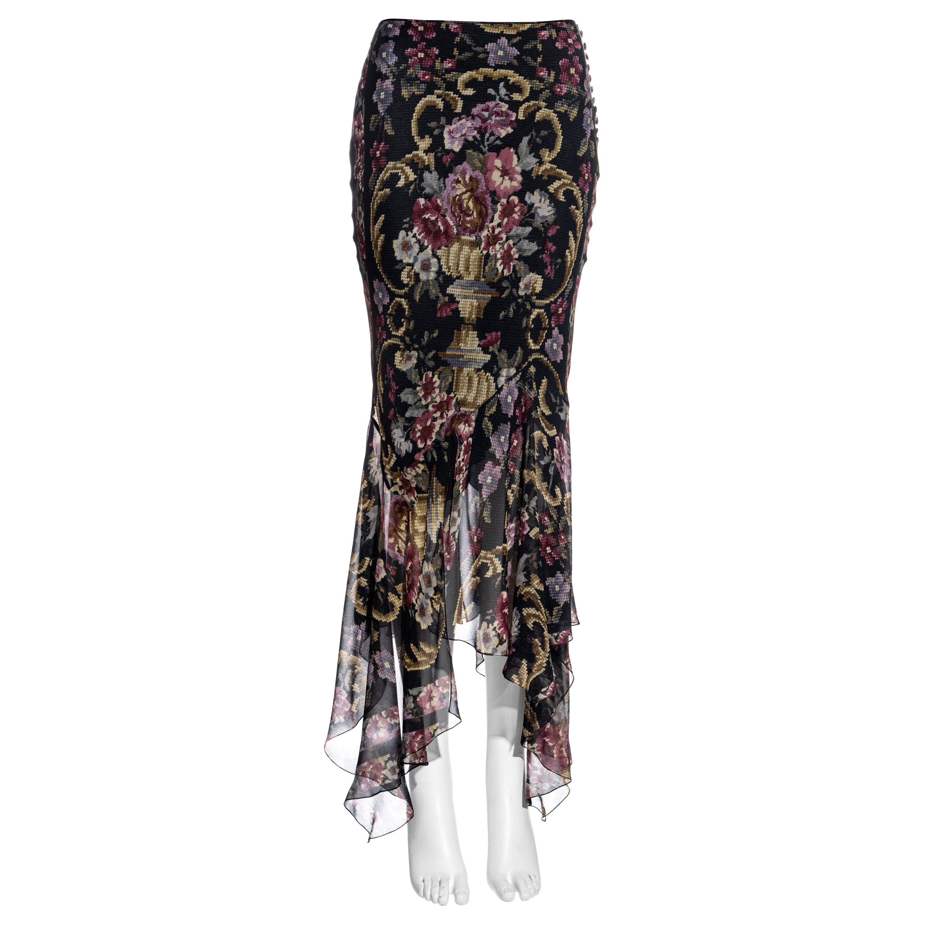 John Galliano floral silk chiffon bias-cut handkerchief hem skirt, fw 2004