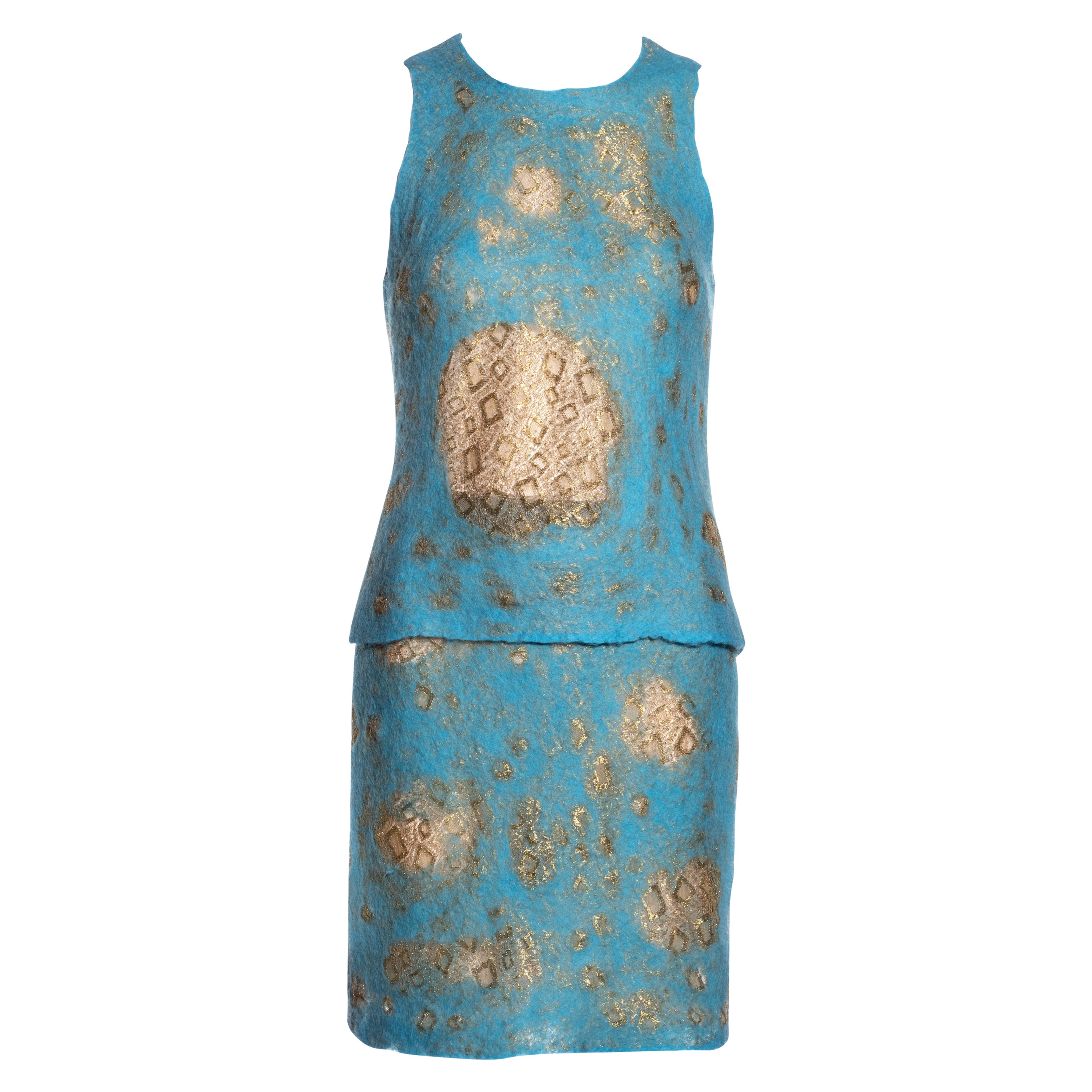 Gianni Versace aqua blue felted wool and gold lace top and skirt set, ss 1999