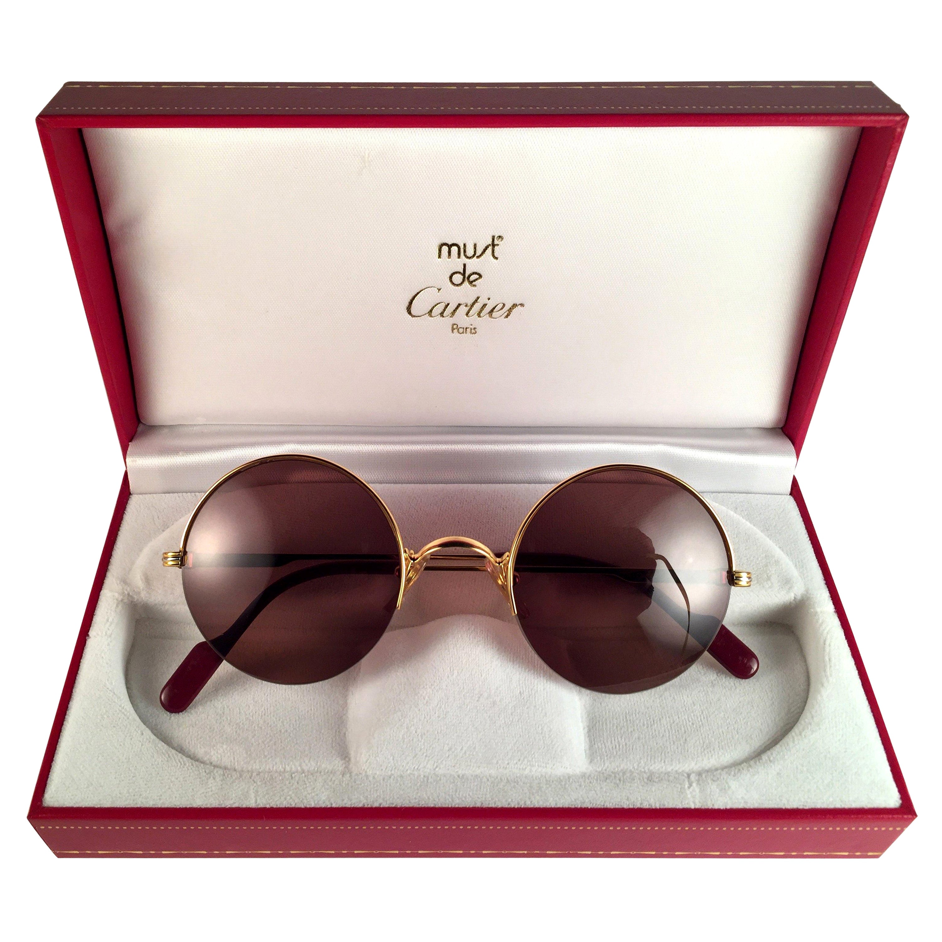 New Cartier Mayfair Round Half Frame Gold 47mm Brown Lens France Sunglasses  For Sale at 1stDibs