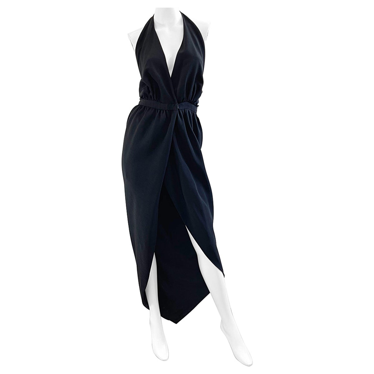 1970s HALSTON Black Silk Tulip Hem Hi-Lo Wrap Halter Vintage 70s Maxi Dress