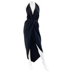 1970er HALSTON Schwarz Seide Tulpen Saum Hi-Lo Wickel Halter Vintage 70er Jahre Maxikleid