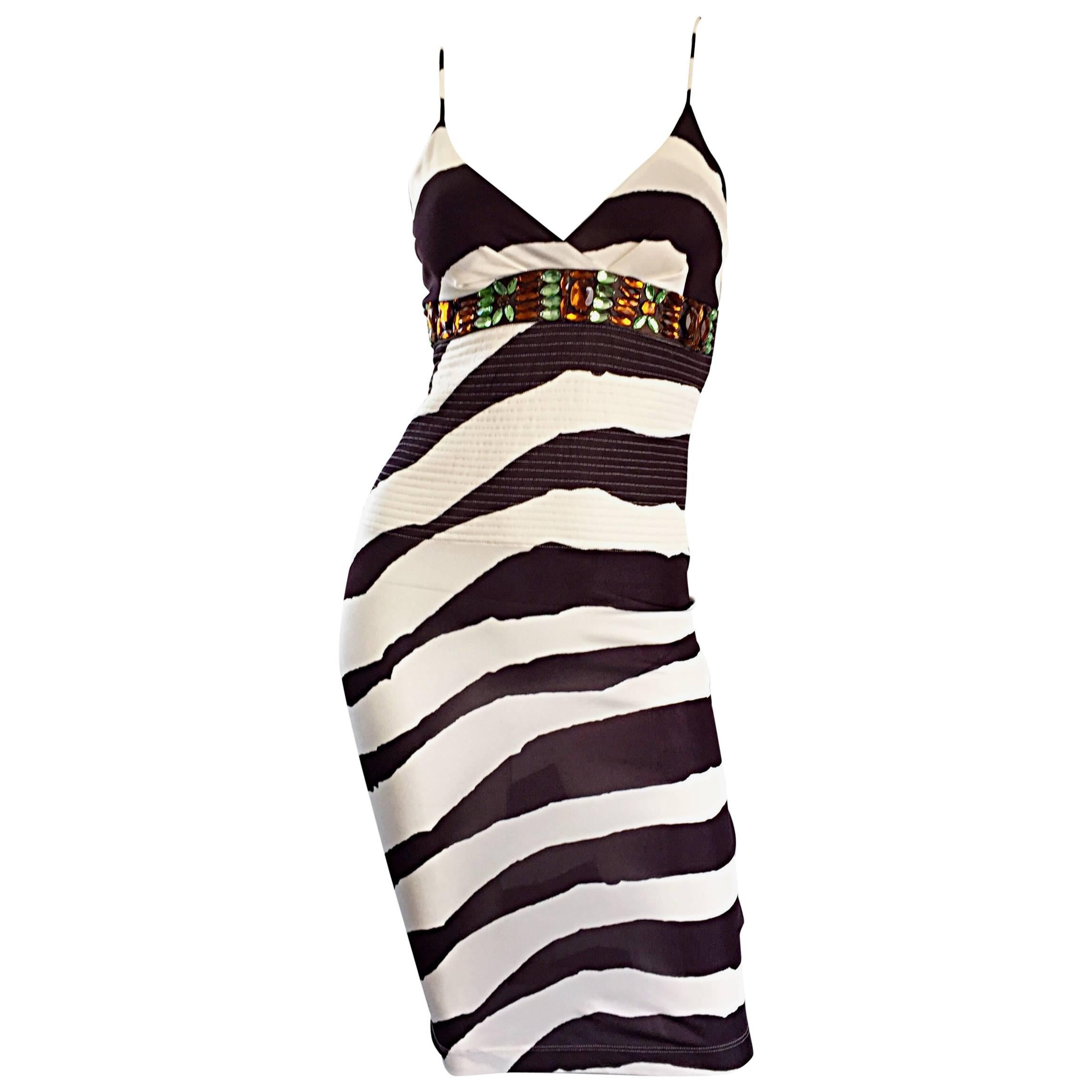 Vintage Gianfranco Ferre 1990s Brown + White Zebra Jeweled BodyCon Jersey Dress For Sale