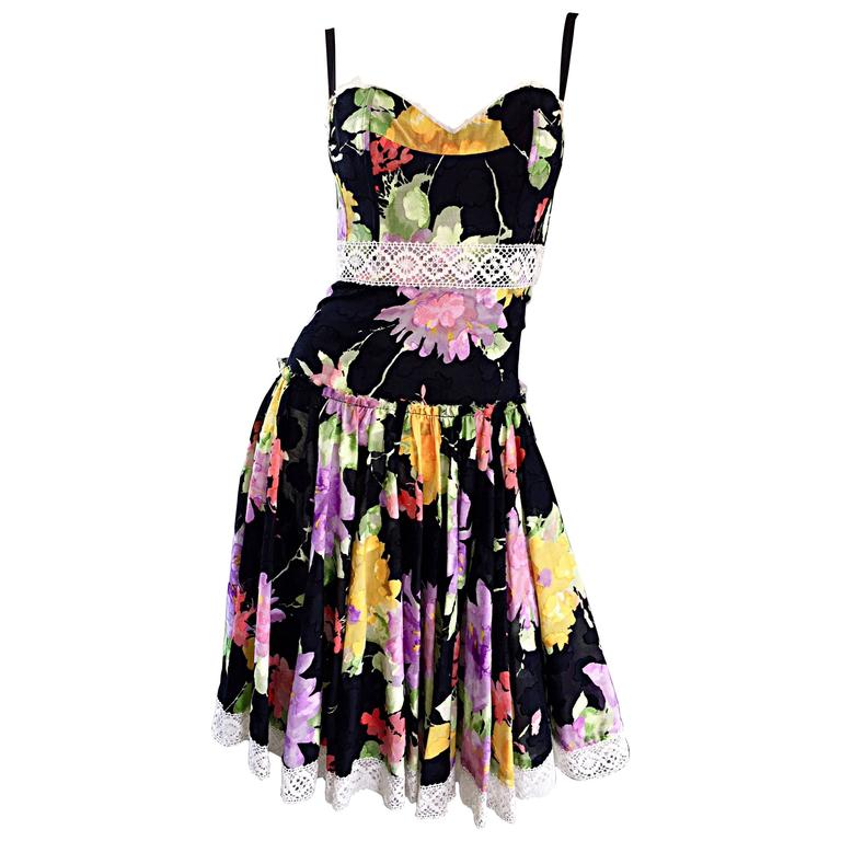 Tracy Feith Black Cotton Floral Print Lace Pretty Sun Dress w/ Full ...
