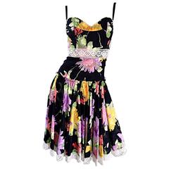 Tracy Feith Black Cotton Floral Print Lace Pretty Sun Dress w/ Full Skirt
