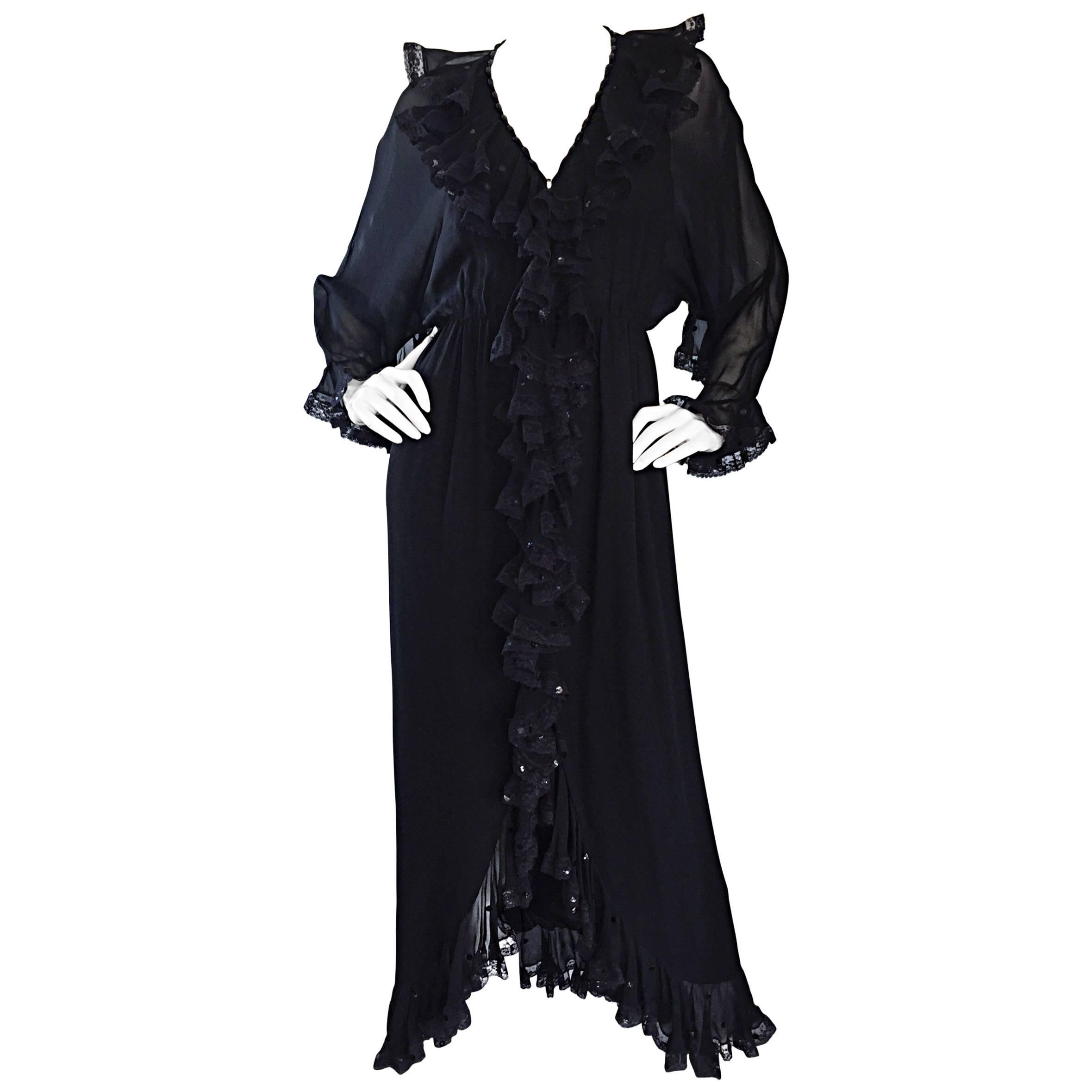 Incredible Vintage Bill Blass Black Silk Chiffon Ruffled Sequin Boho 70s Dress For Sale