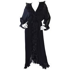 Magnifique robe vintage Bill Blass en mousseline de soie noire à paillettes style bohème (années 1970)