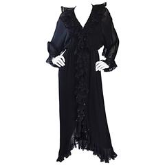 Unglaubliche Vintage Bill Blass Schwarz Seide Chiffon geraffte Pailletten Boho 70s Kleid