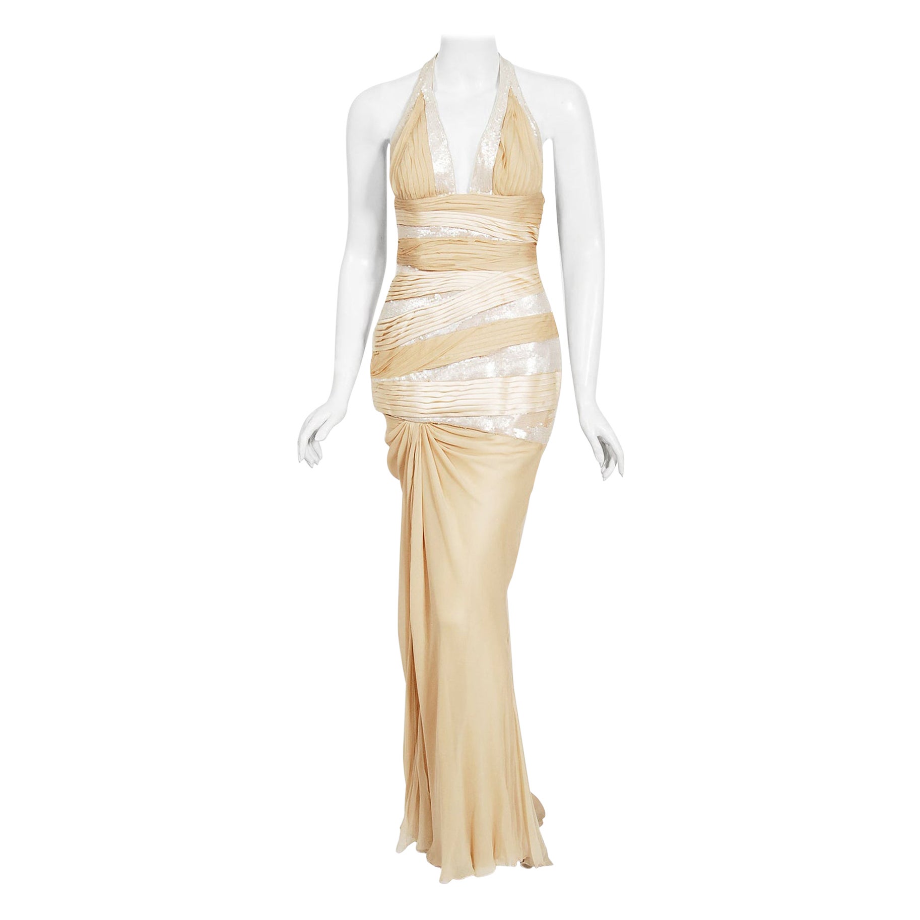 2006 Versace Runway Finale Champagne Sequin Silk Hourglass Halter Gown w/Tag  For Sale