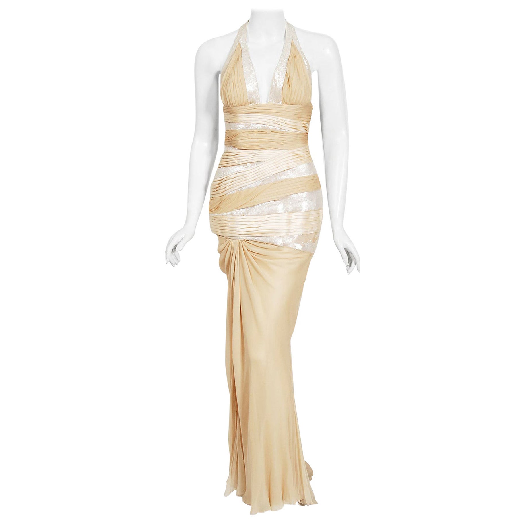 2006 Versace Runway Finale Champagne Sequin Silk Hourglass Halter Gown w/Tags For Sale