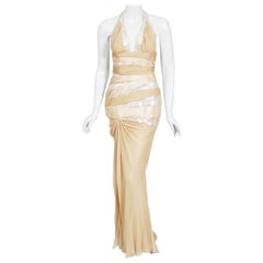 Retro 2006 Versace Runway Finale Champagne Sequin Silk Hourglass Halter Gown w/Tags