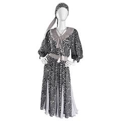 Vintage Diane Freis Black and White 3 D Geometric Print Boho Dress + Head Scarf