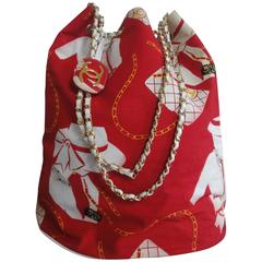 Vintage CHANEL red and white canvas large chain shoulder hobo bag, supermodel