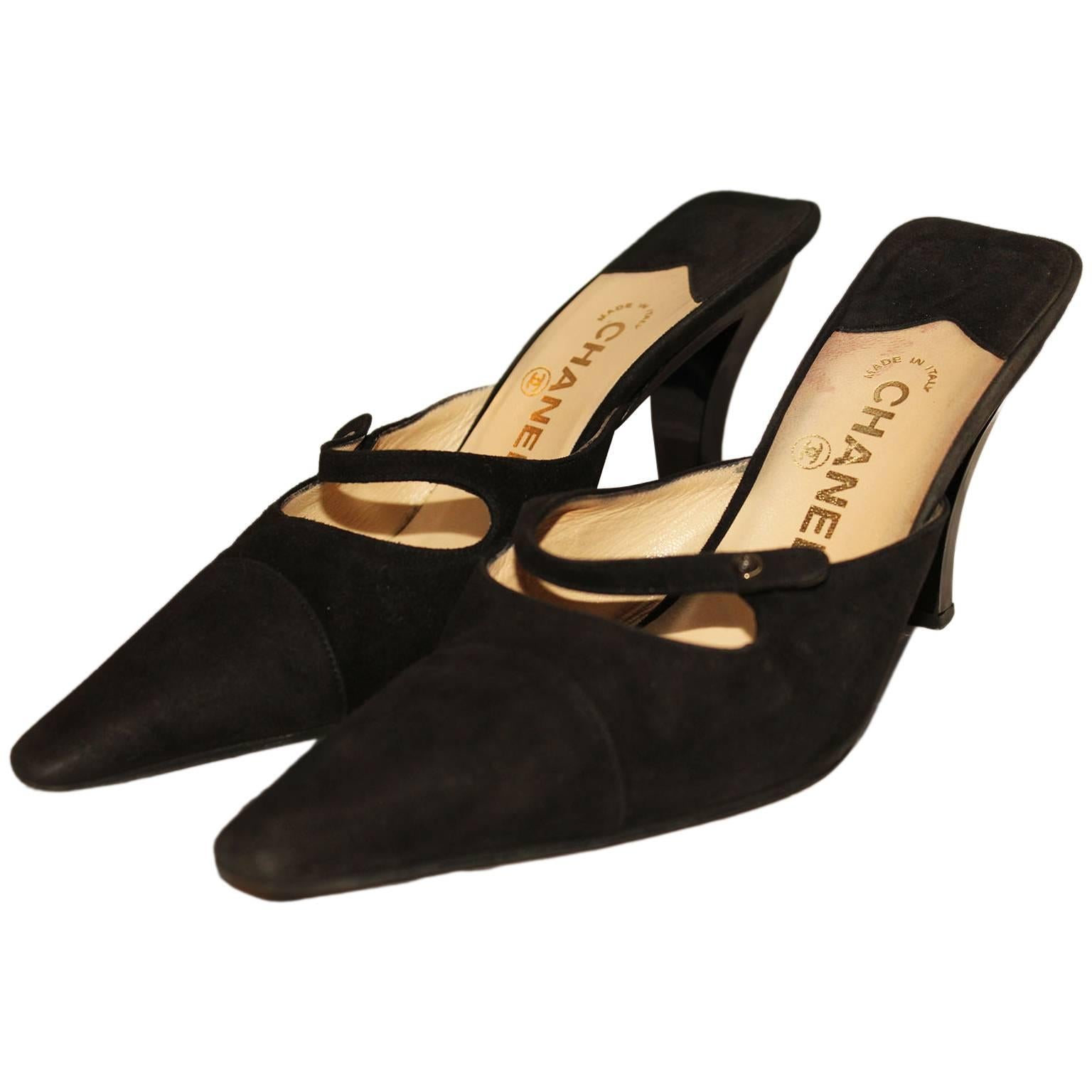 1990s Chanel Black Suede Mules at 1stDibs