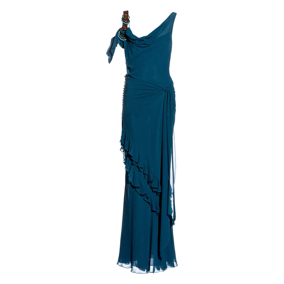 Olivier Guillemin turquoise crepe evening gown with train, c. 1980s For ...