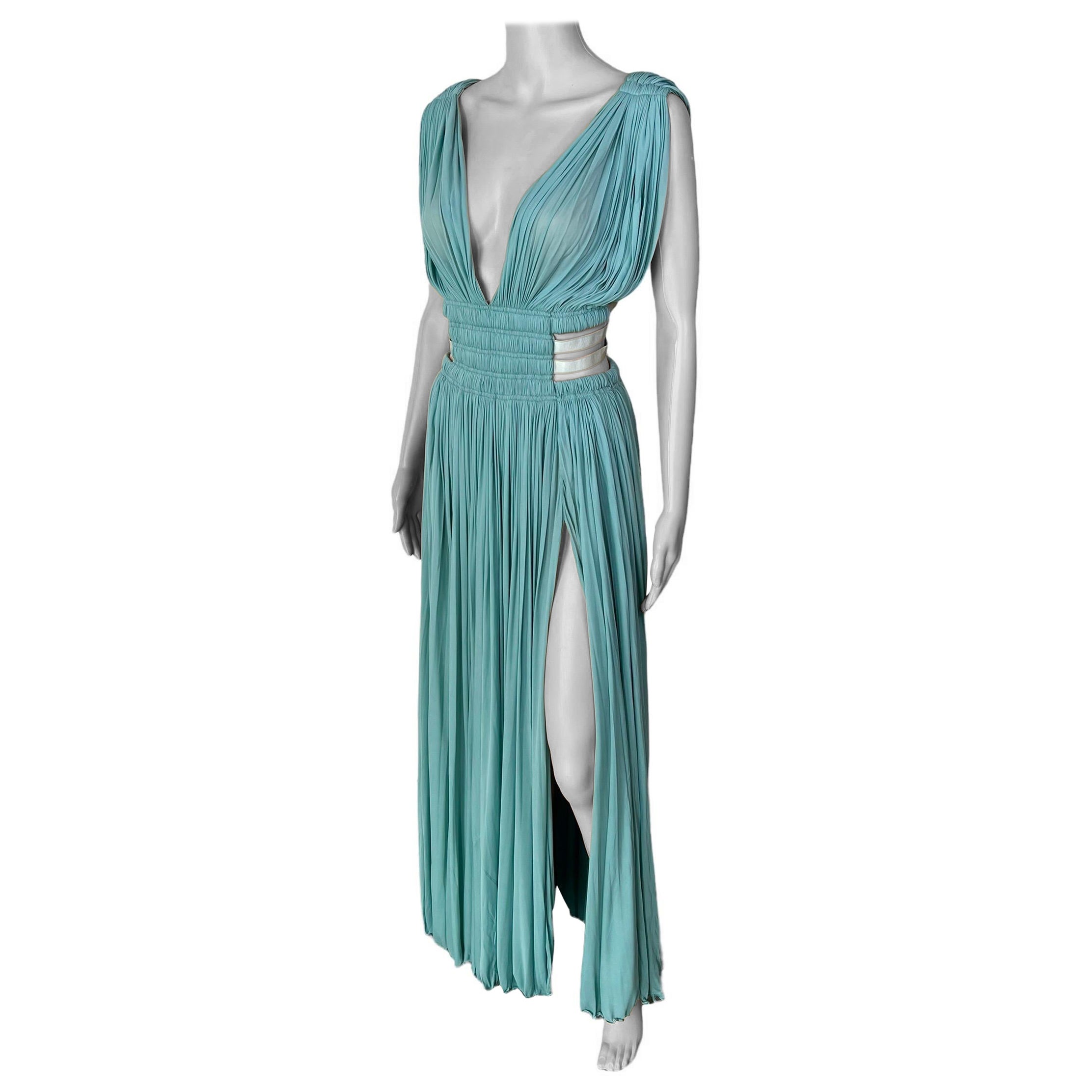 Azzedine Alaïa c.2004 Halbdurchsichtiger Ausschnitt Gerüschtes Schlitzkleid Maxi-Abendkleid