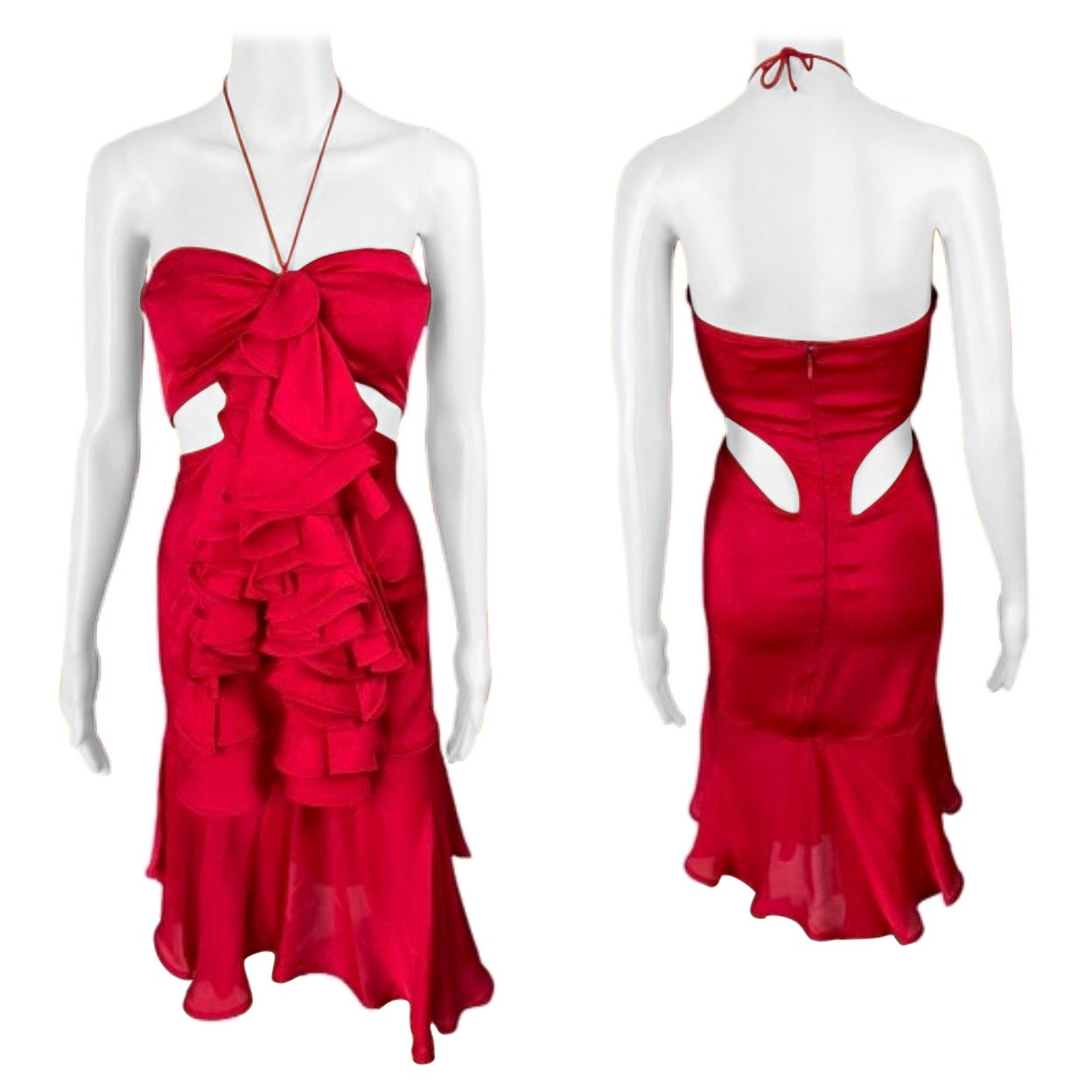Tom Ford for Yves Saint Laurent  F/W 2003 Runway Ruffled Cutout Bra Red Dress  For Sale