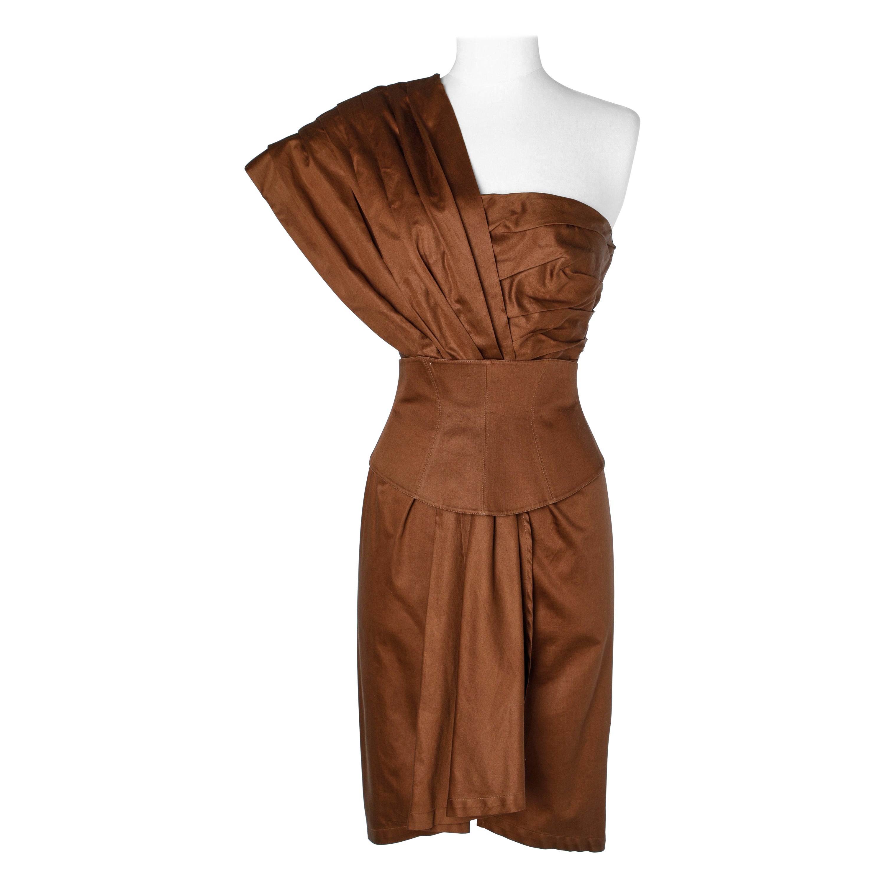 Brown cotton bustier dress with asymmetrical shape Thierry Mugler Paris 