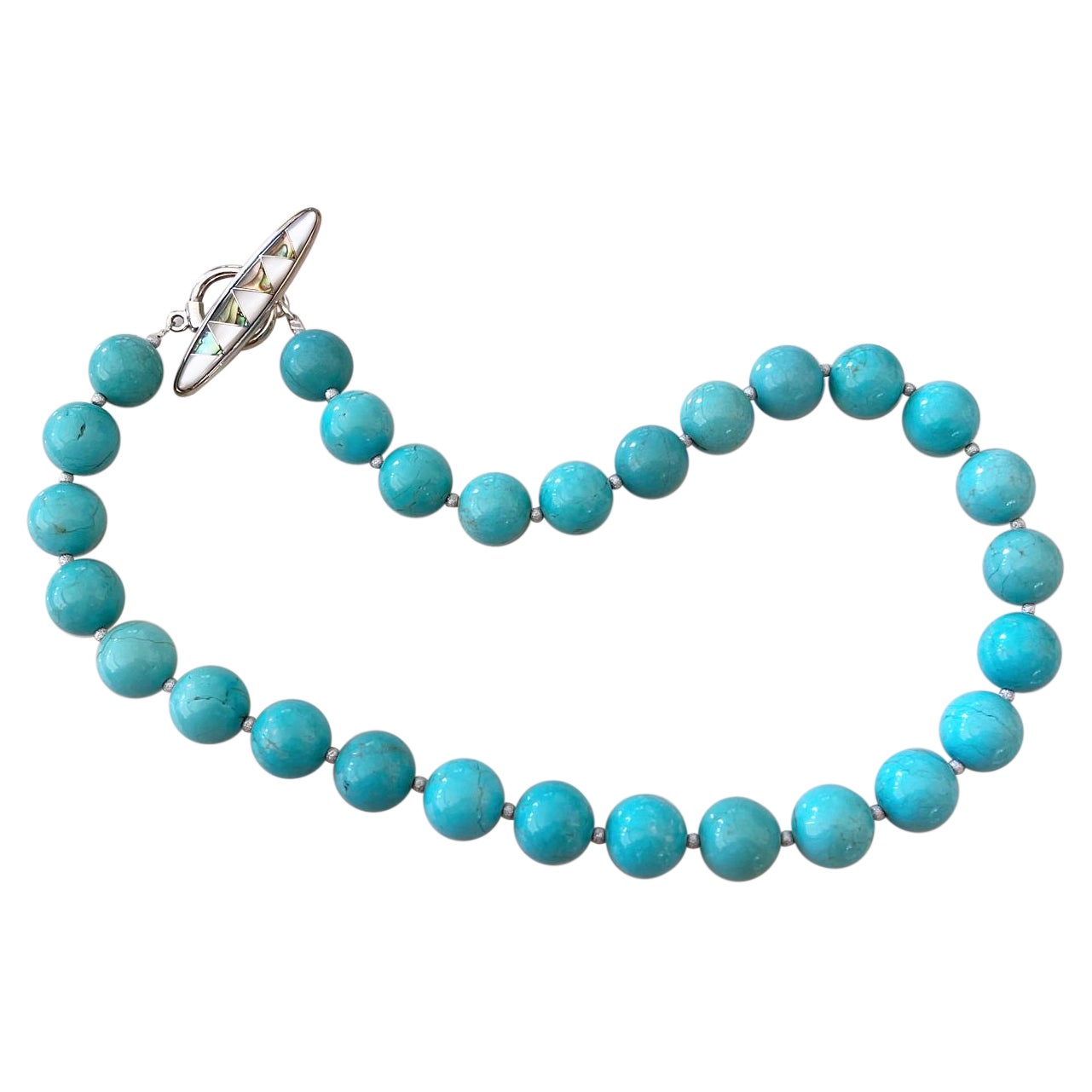 Nevada Number 8 Turquoise 14mm Round Beaded Necklace with Silver Inlay Clasp For Sale