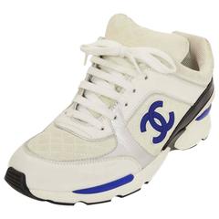 Chanel White & Blue Leather & Suede CC Sneakers SZ 40