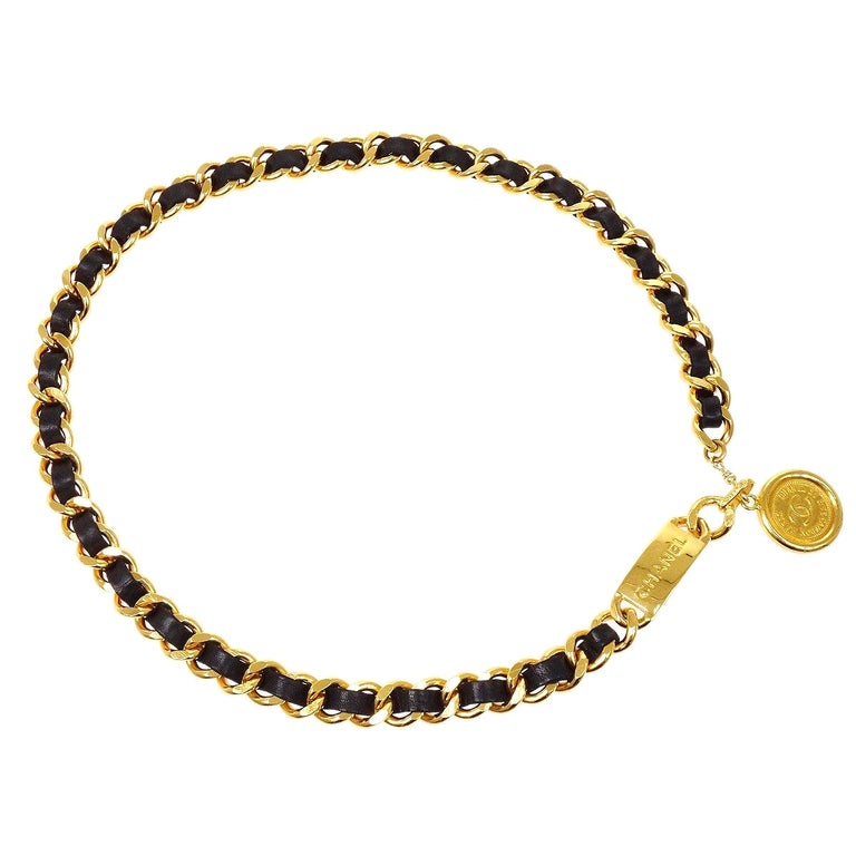 Chanel Black Leather Gold Chain Clover Belt Necklace For Sale at 1stDibs