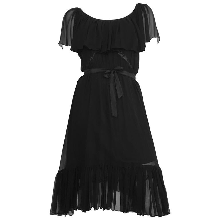 Scott Barrie 70s Black Chiffon Ruffled Sheer Dress Size 4. For Sale at ...