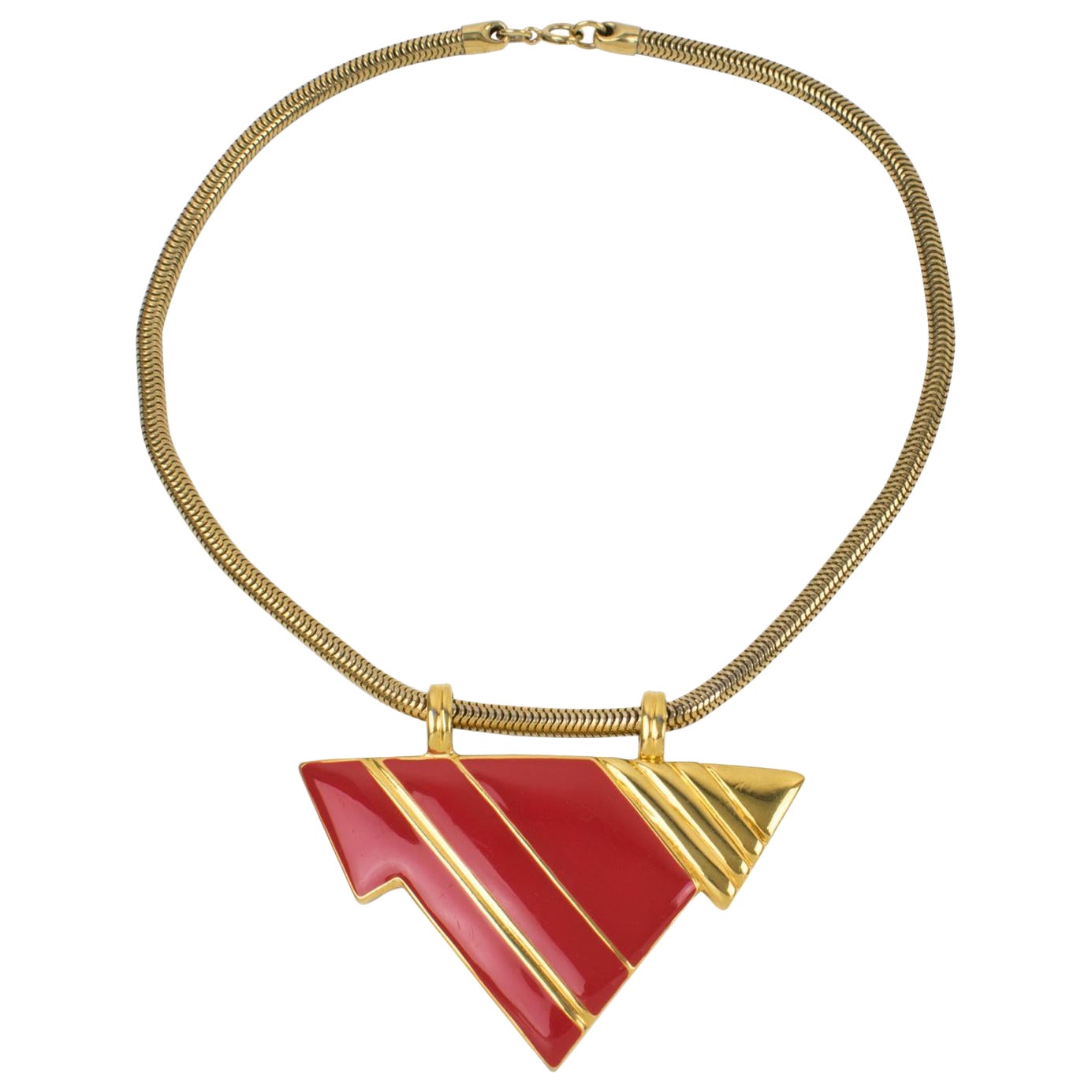 Lanvin Paris Collier géométrique en métal doré et émail rouge en vente
