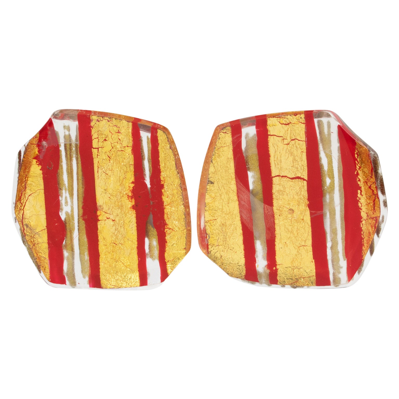 Anne and Frank Vigneri Red Lucite Clip Earrings with Gold Foil For Sale