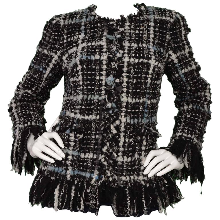Chanel Black & Blue Tweed Wool Fringe Jacket SZ 42