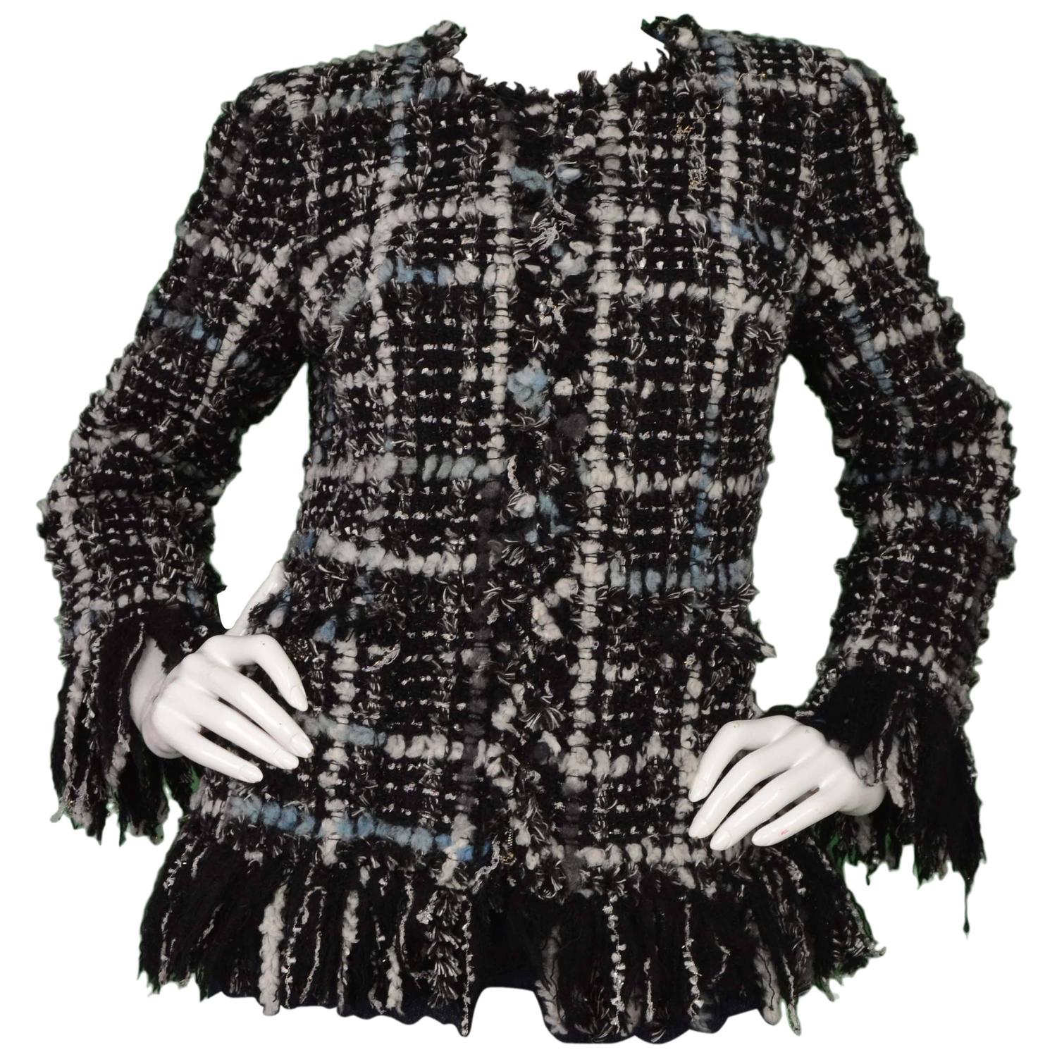 Chanel Black and Blue Tweed Wool Fringe Jacket SZ 42 at 1stdibs
