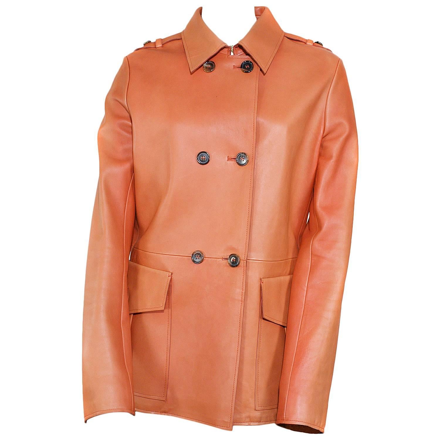 Chloe Orange Leather Button Down Coat For Sale