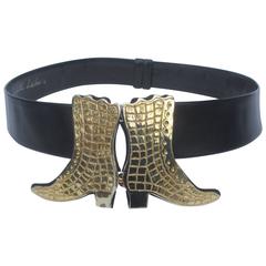 Retro Judith Leiber Gilt Boot Buckle Black Leather Belt ca 1980s