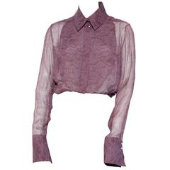 Chanel Silk Burgundy Sheer Lace Print Top