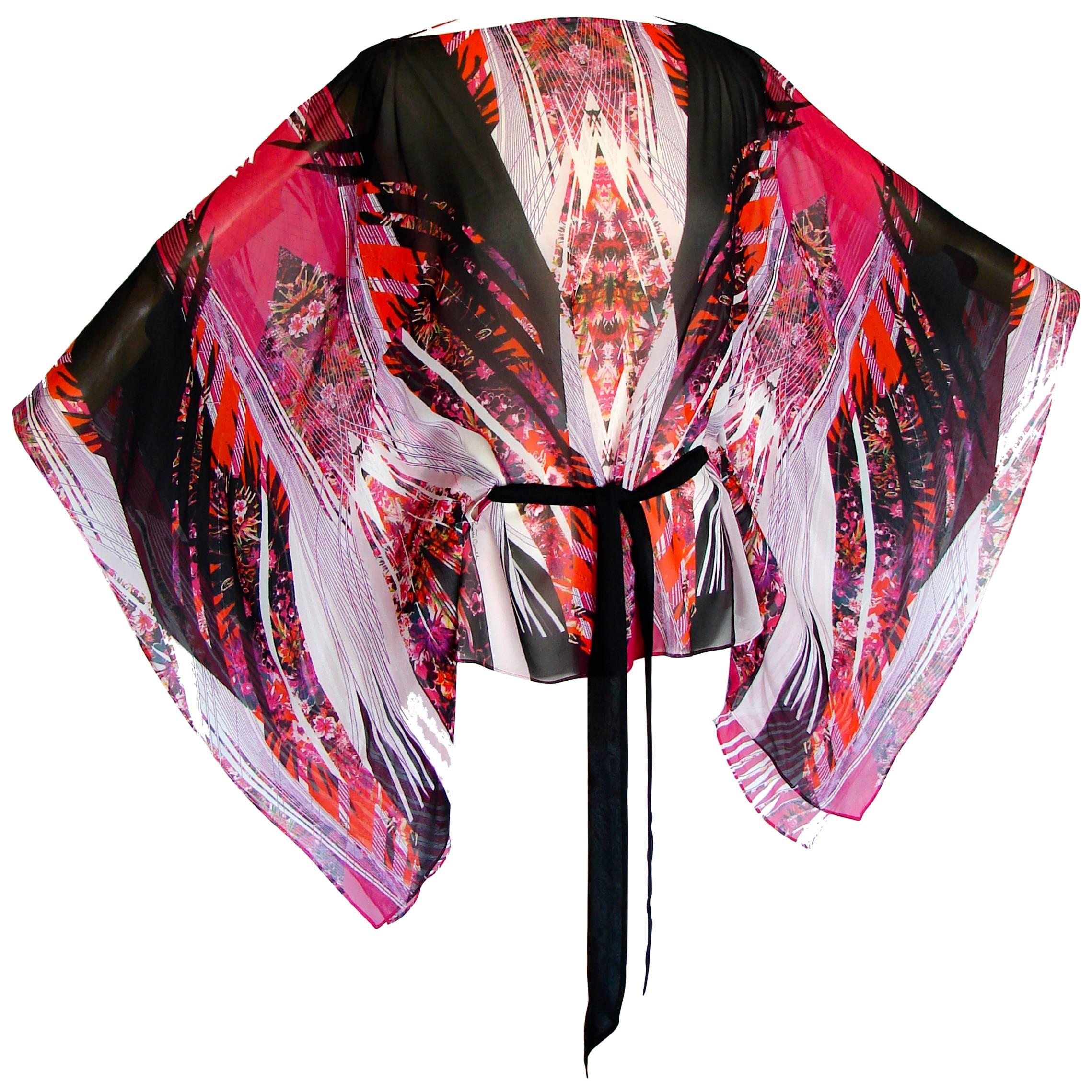 Roberto Cavalli Sheer Silk Blouse Kimono Kaftan Cape Bold Colorful Print M