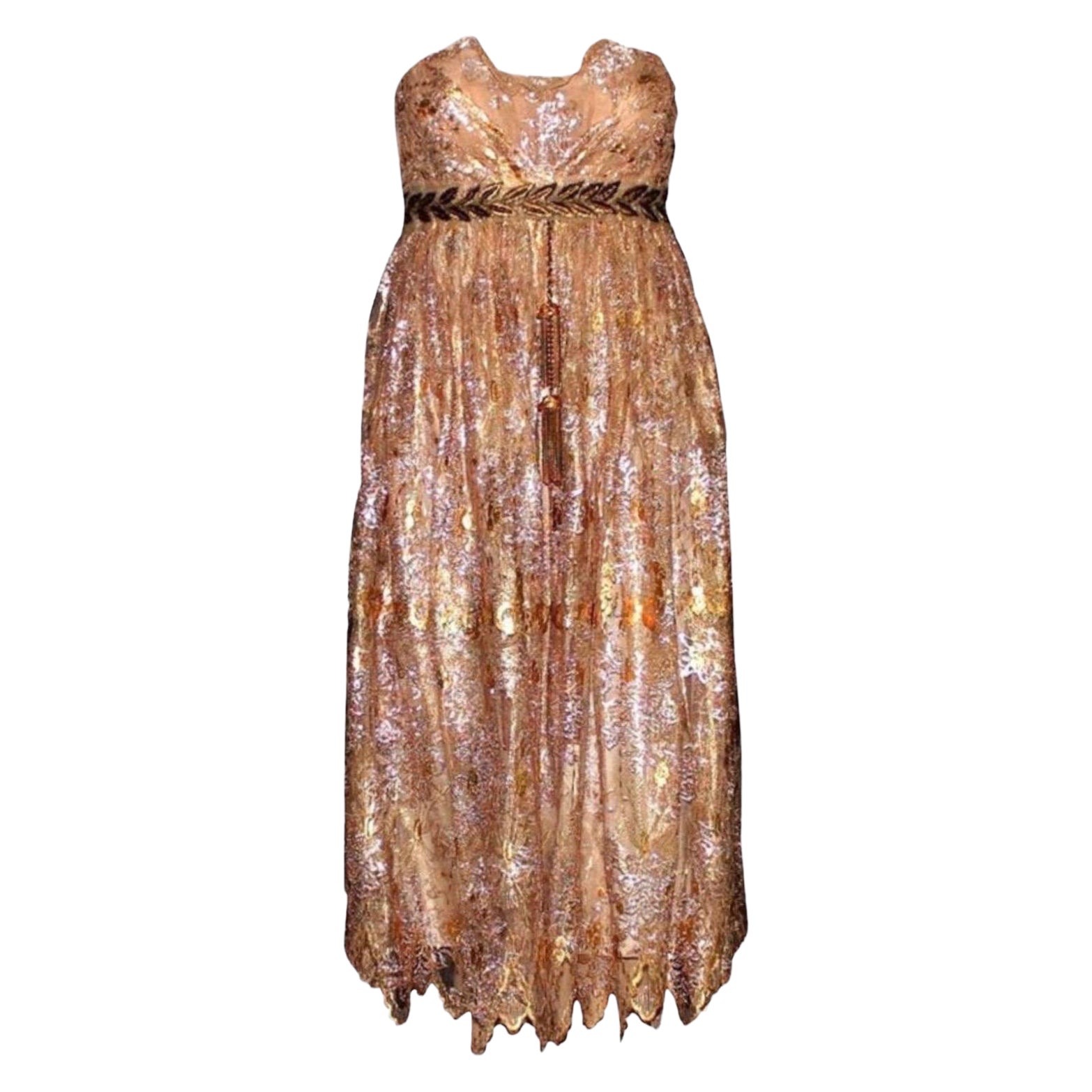 UNWORN Dolce & Gabbana 2006 Gold Metallic Lace Tassel Empire Dress Gown 42