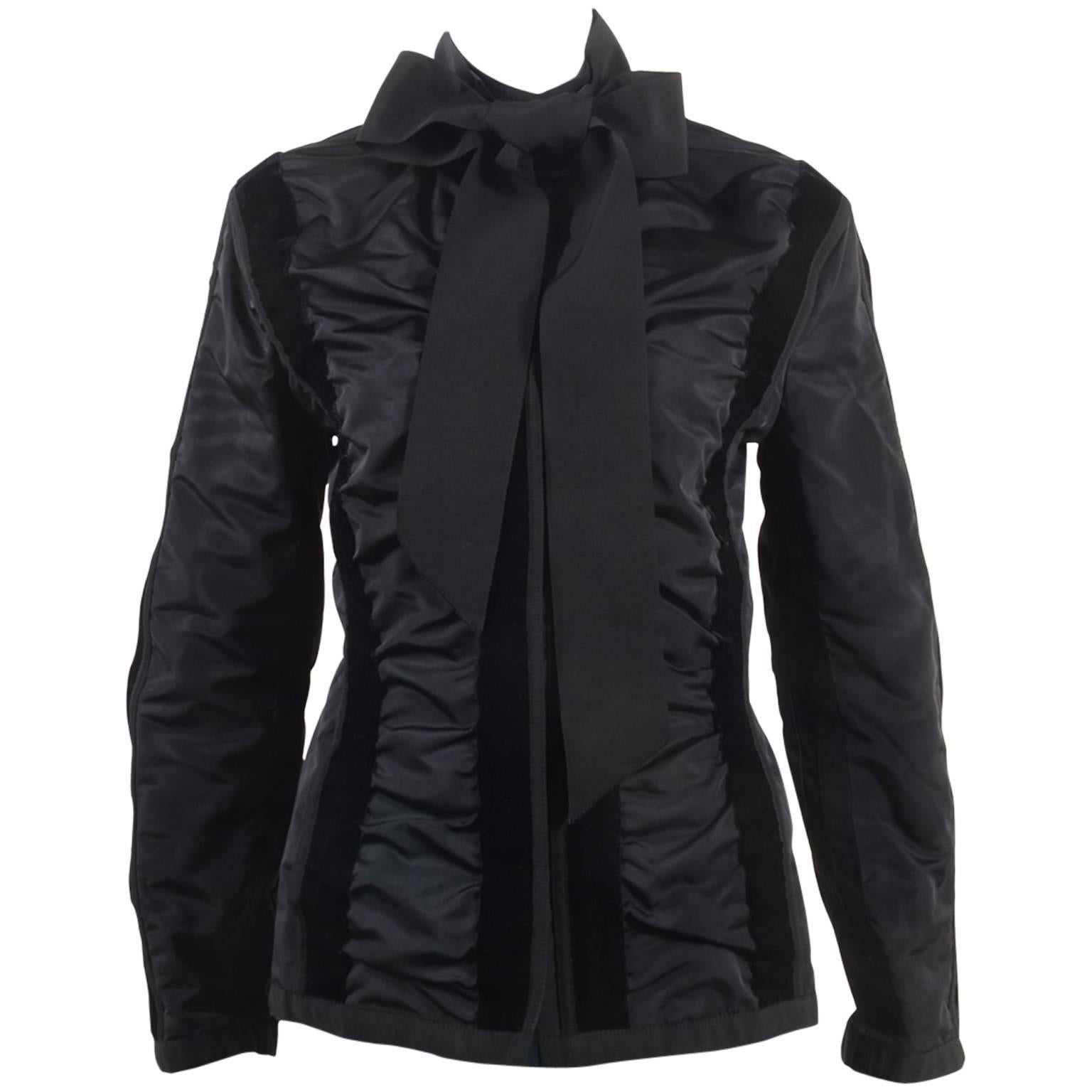 YSL Yves Saint Laurent Black Ruched Velvet Trim Tie Jacket SZ 42 For Sale
