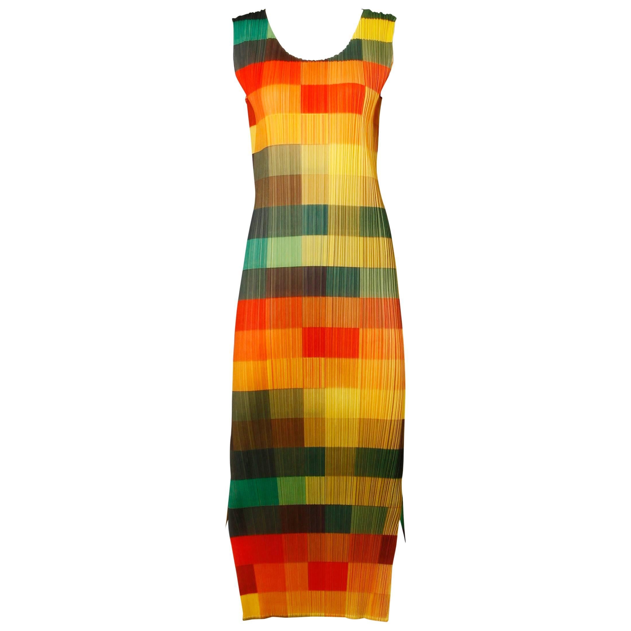 Issey Miyake Pleats Please Avant Garde Checkered Maxi Dress with Side Slits