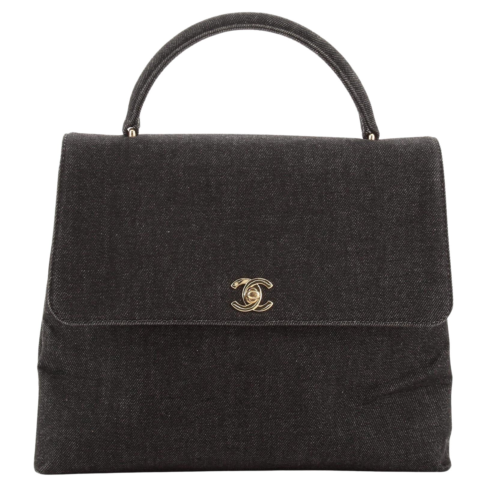 Chanel Vintage Classic Top Handle Flap Bag Denim Jumbo