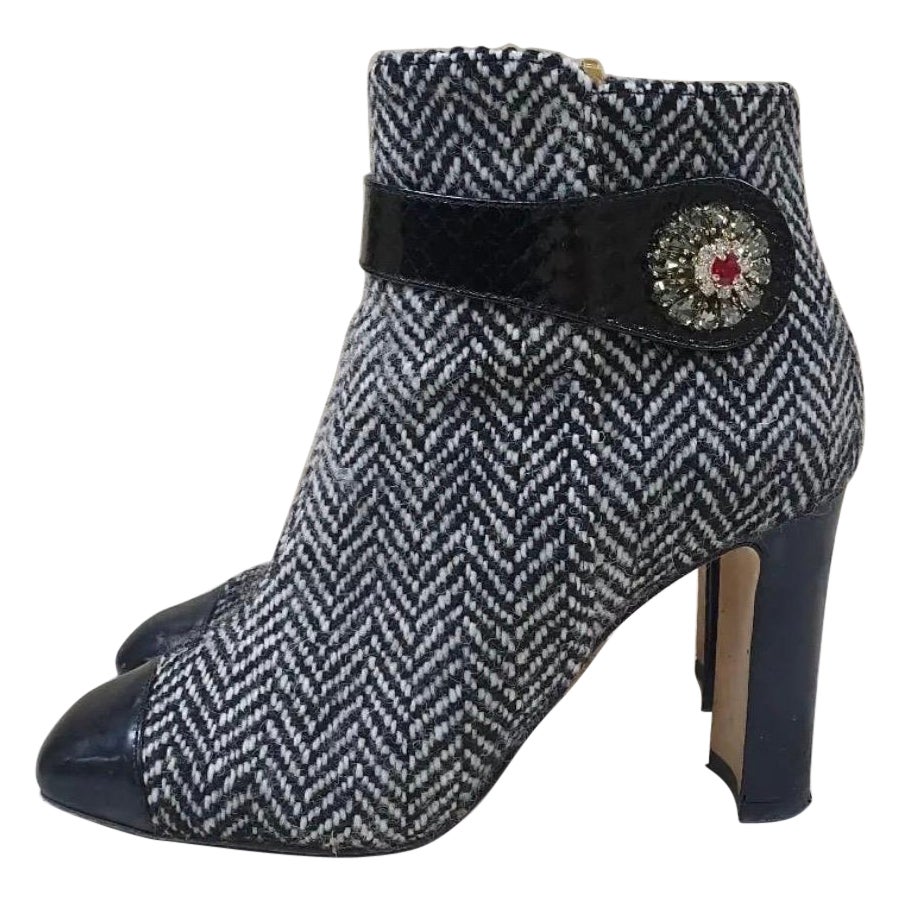 Dolce & Gabbana Black White Tweed Ankle Boots Booties For Sale