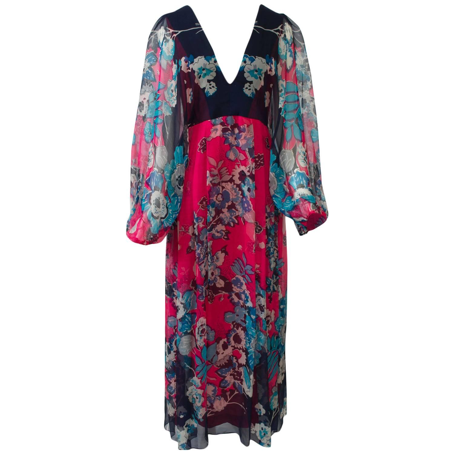 Fuchsia/Navy Silk Chiffon Print Dress