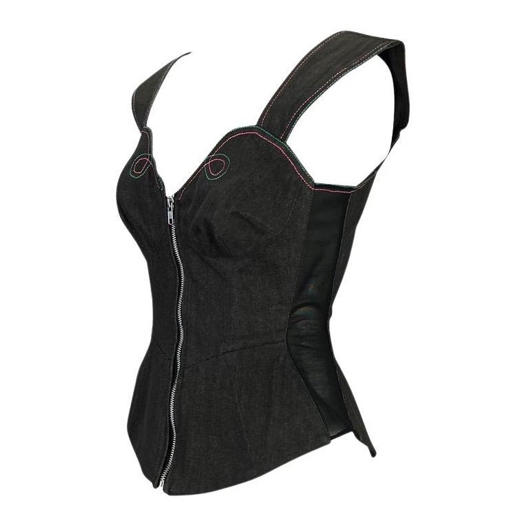 Thierry Mugler, bustier corset en maille de jean, fin des années 1970 en vente