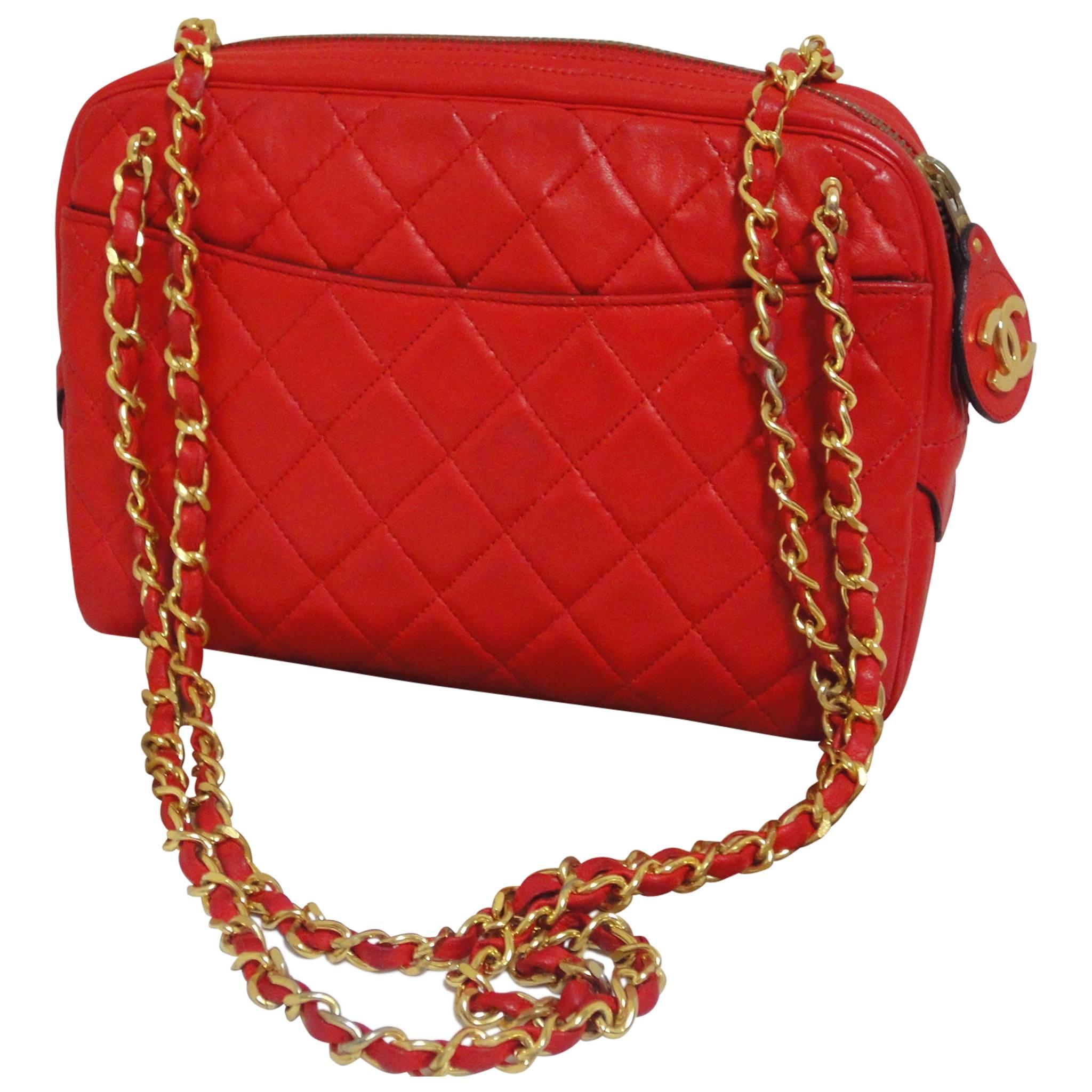 80's Vintage CHANEL red lambskin classic shoulder purse with double golden chain