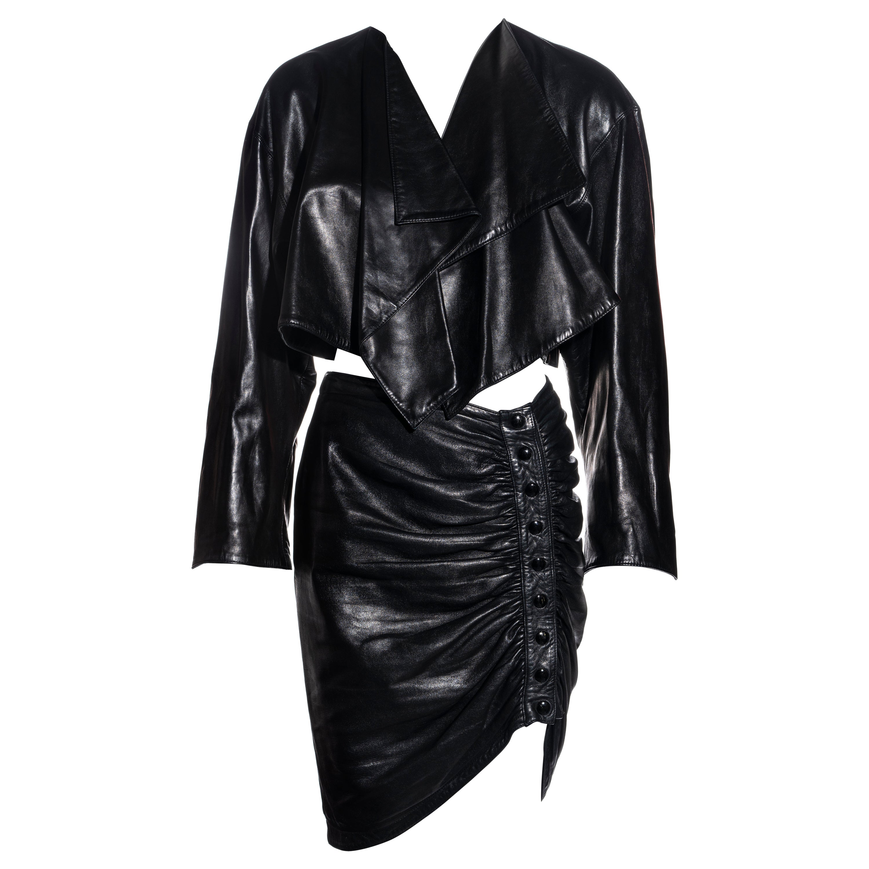 Azzedine Alaia black leather jacket and skirt set, fw 1983