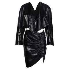 Retro Azzedine Alaia black leather jacket and skirt set, fw 1983