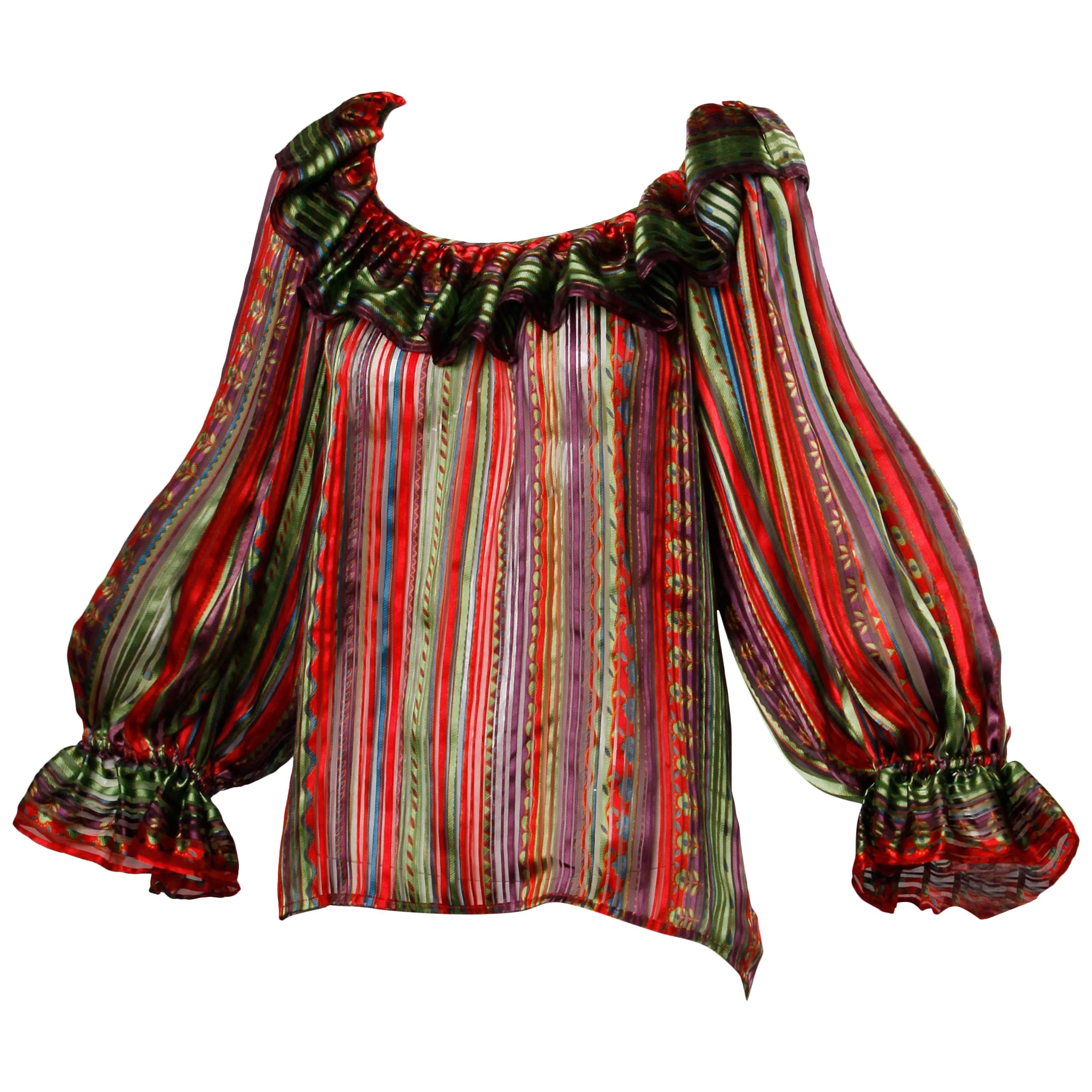 1970s Oscar de la Renta Vintage Silk Bohemian Top with Balloon Sleeves