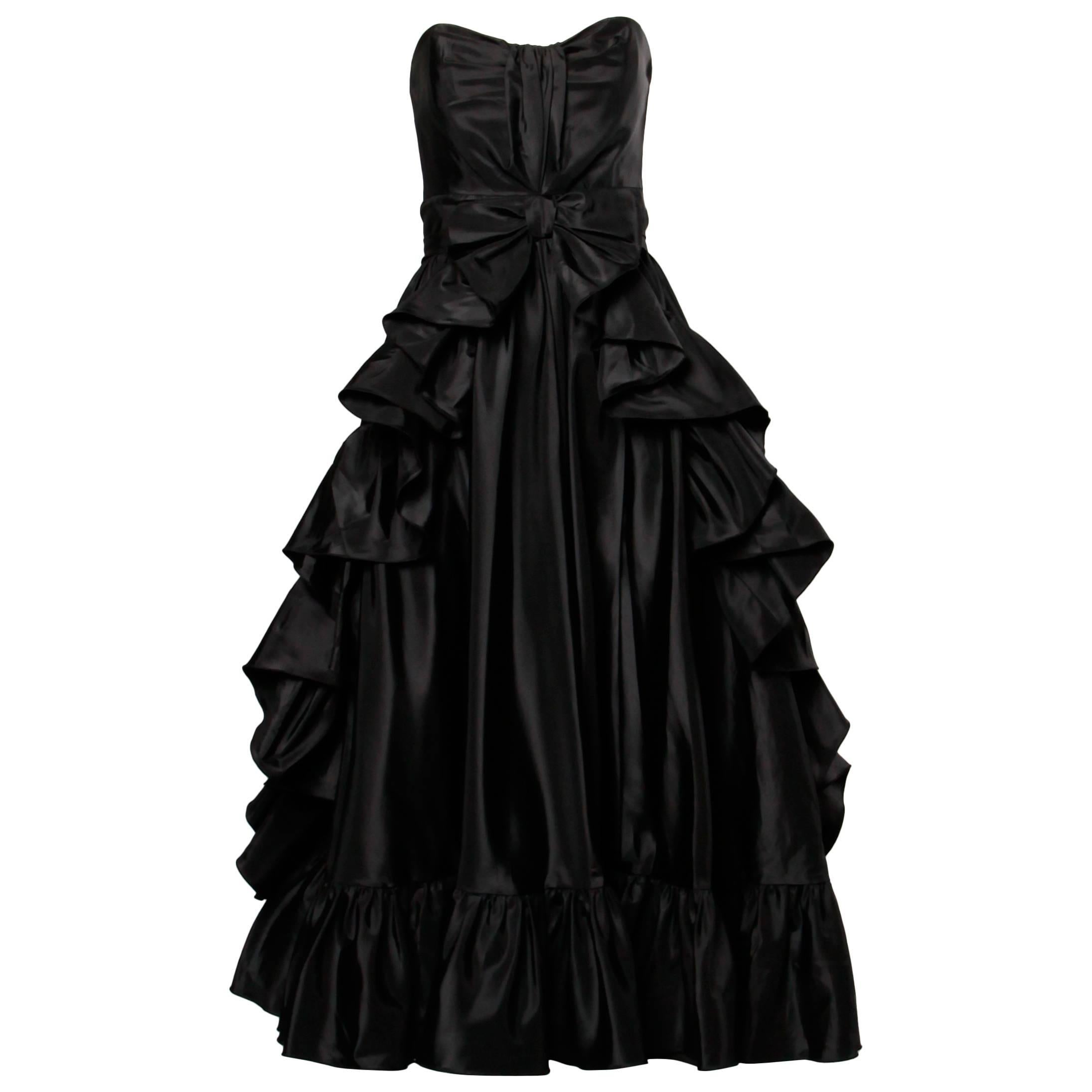 Jean Varon Vintage Strapless Black Taffeta Evening Dress with Ruffles and Bow For Sale