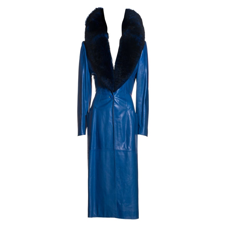 Givenchy by Alexander McQueen blue leather coat with faux fur collar ...