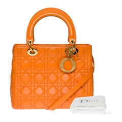 Lady Dior Medium Size handbag strap in Orange cannage leather, GHW